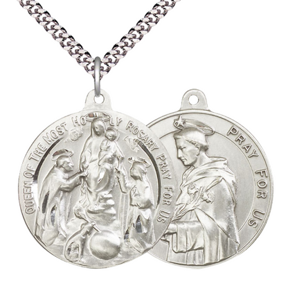 .925 Sterling Silver Holy Rosary Saint St. Dominic Medal Pendant on 24 Inch Endless Rhodium Plated Heavy Curb Chain - Catholic Religious Necklace Made in USA, Deluxe Velvet Gift Box