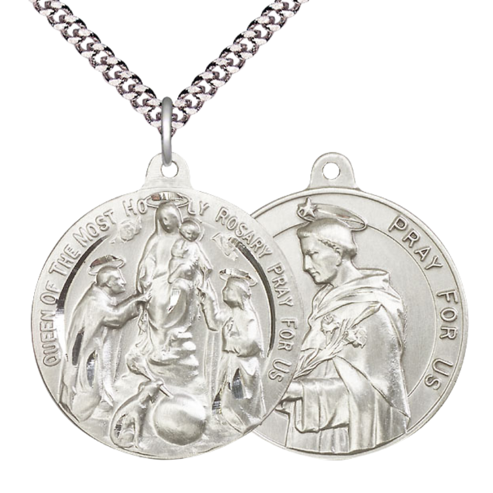 .925 Sterling Silver Holy Rosary Saint St. Dominic Medal Pendant on 24 Inch Endless Rhodium Plated Heavy Curb Chain - Catholic Religious Necklace Made in USA, Deluxe Velvet Gift Box