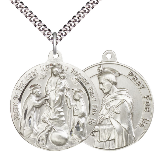 .925 Sterling Silver Holy Rosary Saint St. Dominic Medal Pendant on 24 Inch Endless Rhodium Plated Heavy Curb Chain - Catholic Religious Necklace Made in USA, Deluxe Velvet Gift Box