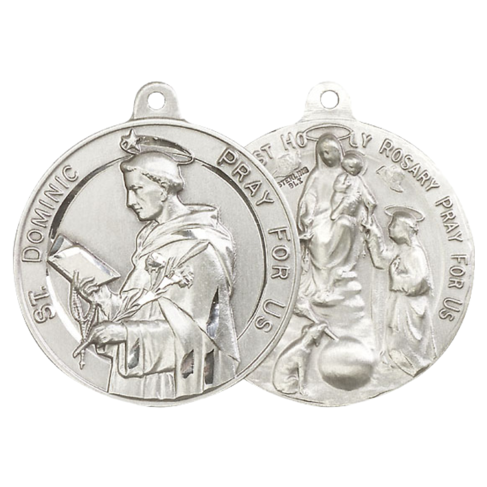 .925 Sterling Silver Saint St. Dominic Holy Rosary Medal Pendant on 24 Inch Endless Rhodium Plated Heavy Curb Chain - Catholic Religious Necklace Made in USA, Deluxe Velvet Gift Box