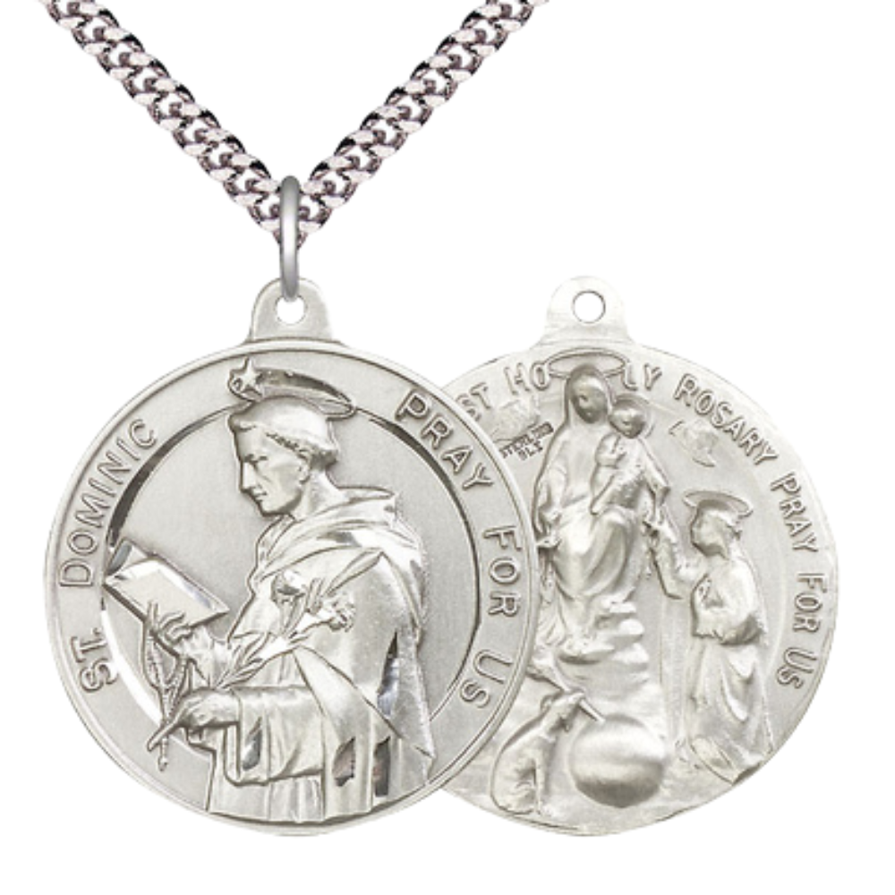 .925 Sterling Silver Saint St. Dominic Holy Rosary Medal Pendant on 24 Inch Endless Rhodium Plated Heavy Curb Chain - Catholic Religious Necklace Made in USA, Deluxe Velvet Gift Box