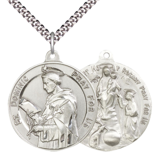 .925 Sterling Silver Saint St. Dominic Holy Rosary Medal Pendant on 24 Inch Endless Rhodium Plated Heavy Curb Chain - Catholic Religious Necklace Made in USA, Deluxe Velvet Gift Box
