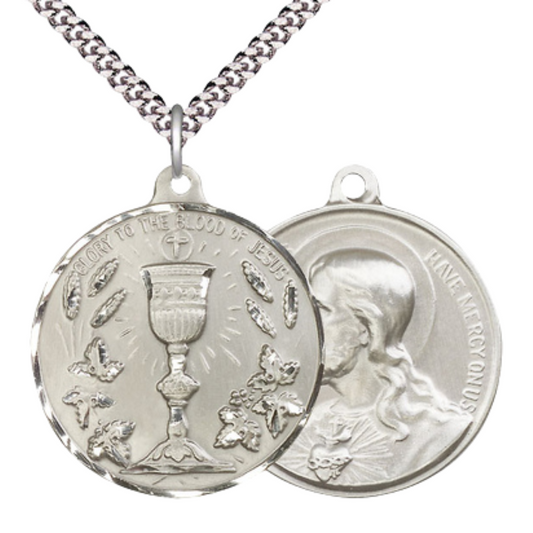 .925 Sterling Silver Blessed Sacrment Sacred Heart of Jesus Medal Pendant on 24 Inch Endless Rhodium Plated Heavy Curb Chain - Catholic Religious Necklace Made in USA, Deluxe Velvet Gift Box