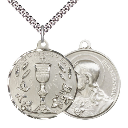.925 Sterling Silver Blessed Sacrment Sacred Heart of Jesus Medal Pendant on 24 Inch Endless Rhodium Plated Heavy Curb Chain - Catholic Religious Necklace Made in USA, Deluxe Velvet Gift Box