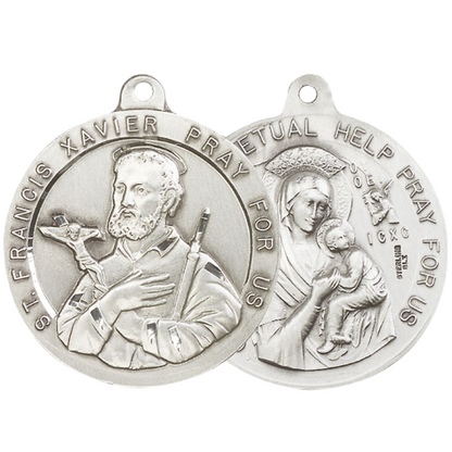.925 Sterling Silver Saint St. Francis Xavier Our Lady Perpetual Help Medal Pendant on 24 Inch Endless Rhodium Plated Heavy Curb Chain - Catholic Religious Necklace Made in USA, Deluxe Velvet Gift Box