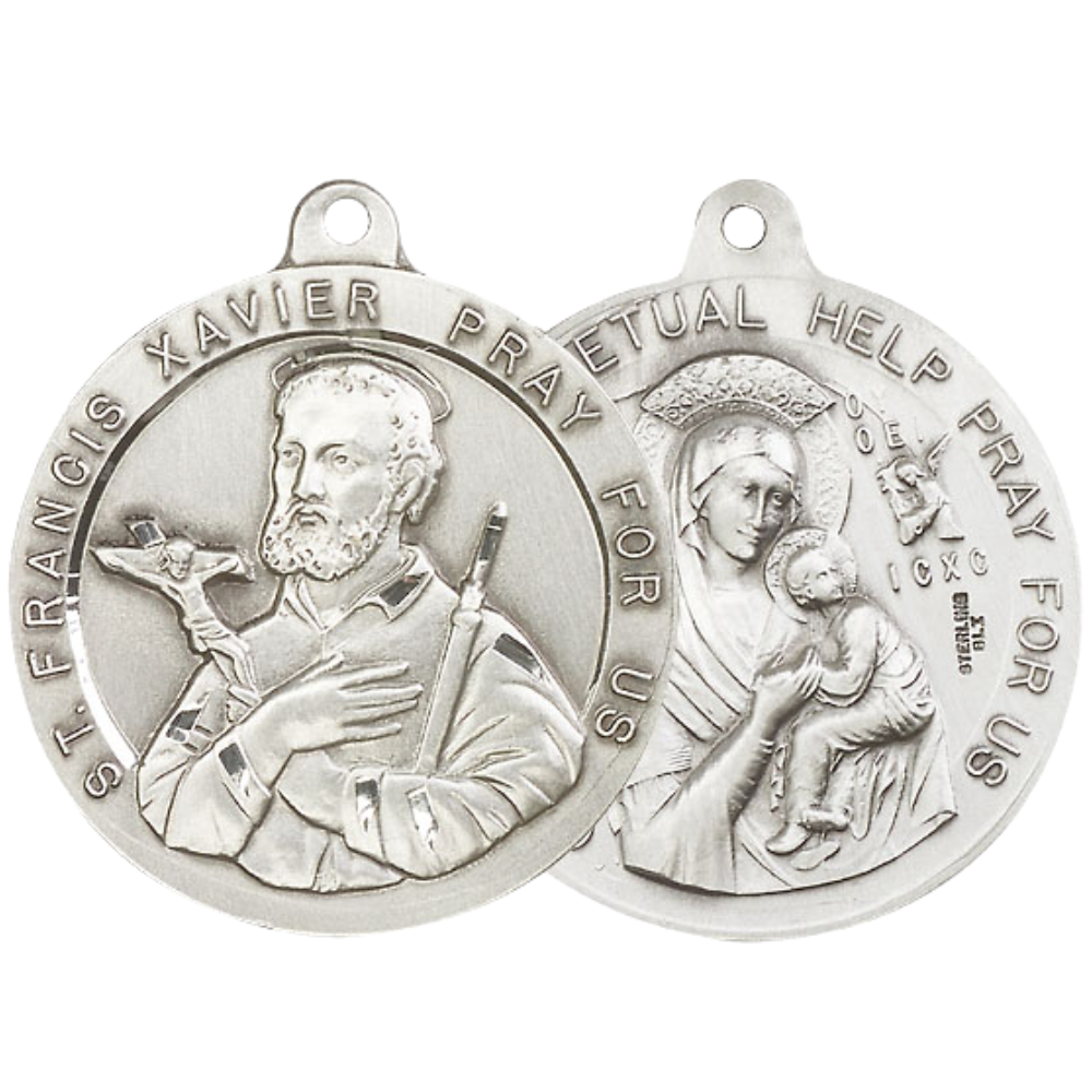 .925 Sterling Silver Saint St. Francis Xavier Our Lady Perpetual Help Medal Pendant on 24 Inch Endless Rhodium Plated Heavy Curb Chain - Catholic Religious Necklace Made in USA, Deluxe Velvet Gift Box