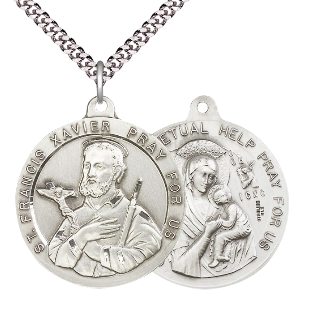 .925 Sterling Silver Saint St. Francis Xavier Our Lady Perpetual Help Medal Pendant on 24 Inch Endless Rhodium Plated Heavy Curb Chain - Catholic Religious Necklace Made in USA, Deluxe Velvet Gift Box