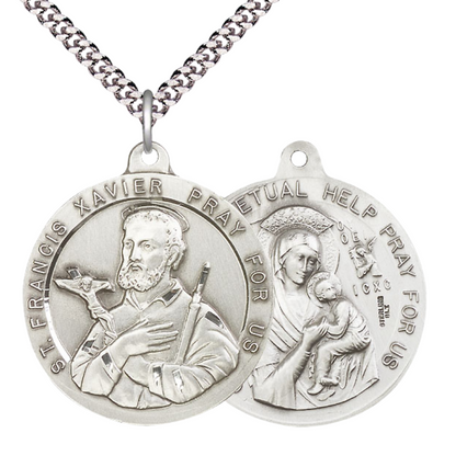 .925 Sterling Silver Saint St. Francis Xavier Our Lady Perpetual Help Medal Pendant on 24 Inch Endless Rhodium Plated Heavy Curb Chain - Catholic Religious Necklace Made in USA, Deluxe Velvet Gift Box