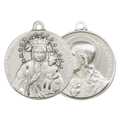 .925 Sterling Silver Our Lady of Czestochowa Sacred Heart of Jesus Medal Pendant on 24 Inch Endless Rhodium Plated Heavy Curb Chain - Catholic Religious Necklace Made in USA, Deluxe Velvet Gift Boxed