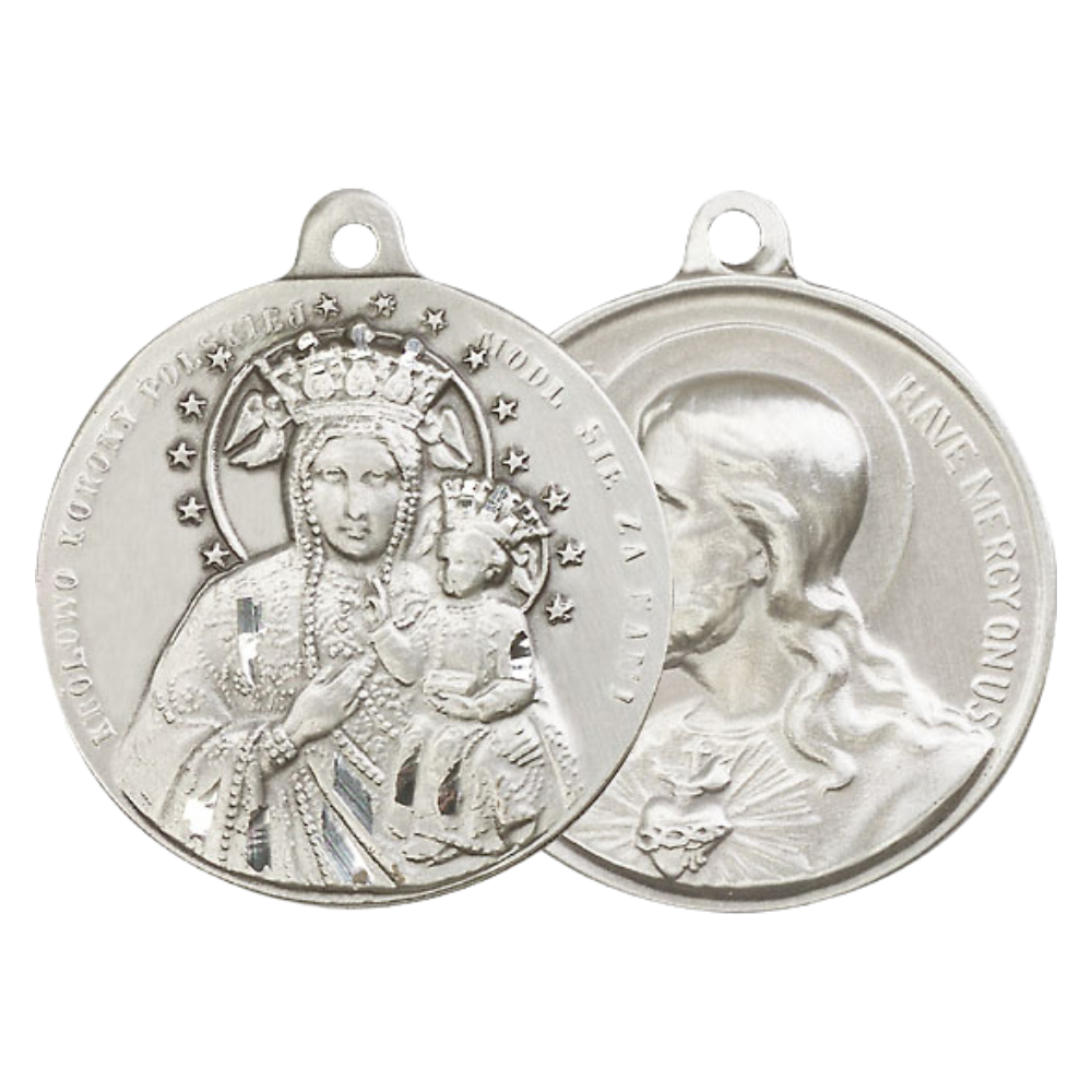 .925 Sterling Silver Our Lady of Czestochowa Sacred Heart of Jesus Medal Pendant on 24 Inch Endless Rhodium Plated Heavy Curb Chain - Catholic Religious Necklace Made in USA, Deluxe Velvet Gift Boxed