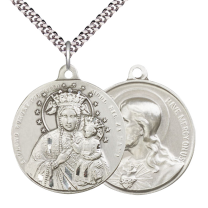 .925 Sterling Silver Our Lady of Czestochowa Sacred Heart of Jesus Medal Pendant on 24 Inch Endless Rhodium Plated Heavy Curb Chain - Catholic Religious Necklace Made in USA, Deluxe Velvet Gift Boxed