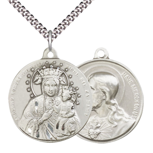.925 Sterling Silver Our Lady of Czestochowa Sacred Heart of Jesus Medal Pendant on 24 Inch Endless Rhodium Plated Heavy Curb Chain - Catholic Religious Necklace Made in USA, Deluxe Velvet Gift Boxed