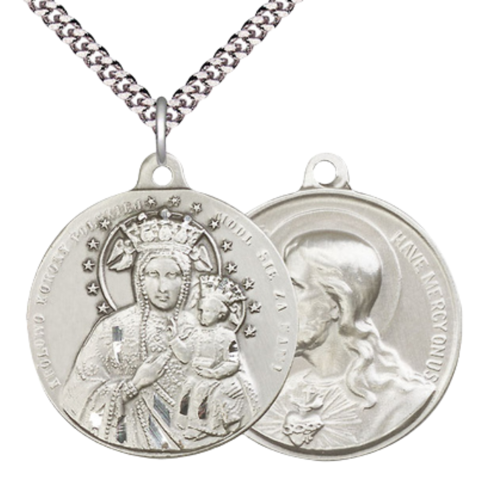 .925 Sterling Silver Our Lady of Czestochowa Sacred Heart of Jesus Medal Pendant on 24 Inch Endless Rhodium Plated Heavy Curb Chain - Catholic Religious Necklace Made in USA, Deluxe Velvet Gift Boxed