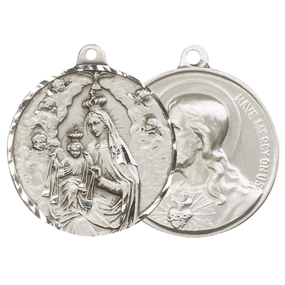 .925 Sterling Silver Our Lady of Mount Carmel Sacred Heart of Jesus Medal Pendant on 24 Inch Endless Rhodium Plated Heavy Curb Chain- Catholic Religious Necklace Made in USA, Velvet Gift Boxed