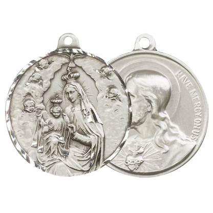 .925 Sterling Silver Our Lady of Mount Carmel Sacred Heart of Jesus Medal Pendant on 24 Inch Endless Rhodium Plated Heavy Curb Chain- Catholic Religious Necklace Made in USA, Velvet Gift Boxed