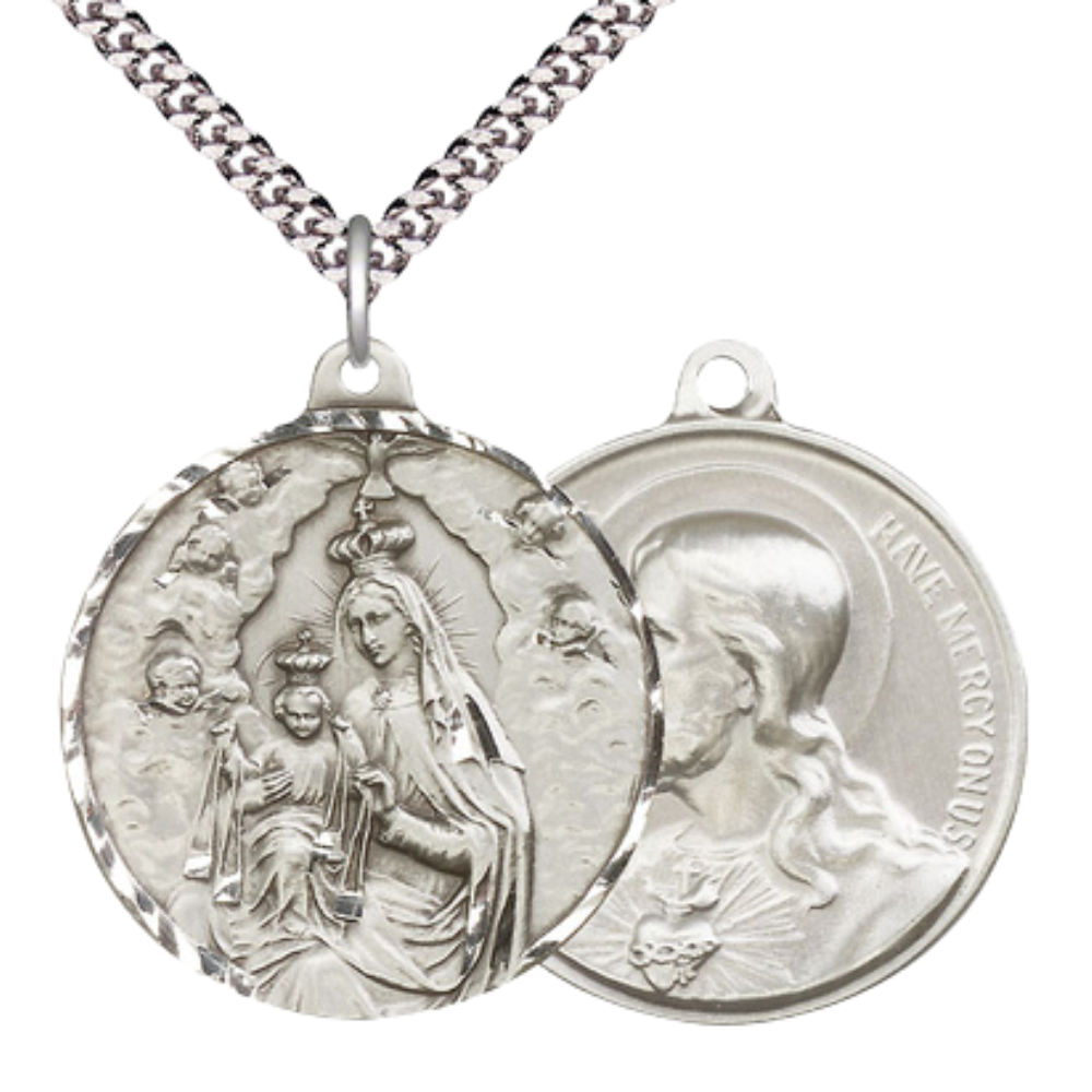 .925 Sterling Silver Our Lady of Mount Carmel Sacred Heart of Jesus Medal Pendant on 24 Inch Endless Rhodium Plated Heavy Curb Chain- Catholic Religious Necklace Made in USA, Velvet Gift Boxed