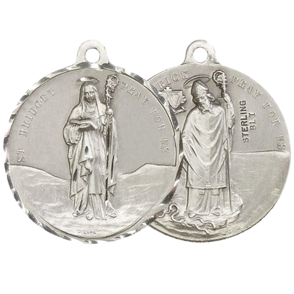 .925 Sterling Silver Saint St. Bridget/Saint St. Patrick Medal Pendant on 24 Inch Endless Rhodium Plated Heavy Curb Chain - Catholic Religious Necklace Made in USA, Deluxe Velvet Gift Box