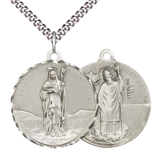 .925 Sterling Silver Saint St. Bridget/Saint St. Patrick Medal Pendant on 24 Inch Endless Rhodium Plated Heavy Curb Chain - Catholic Religious Necklace Made in USA, Deluxe Velvet Gift Box