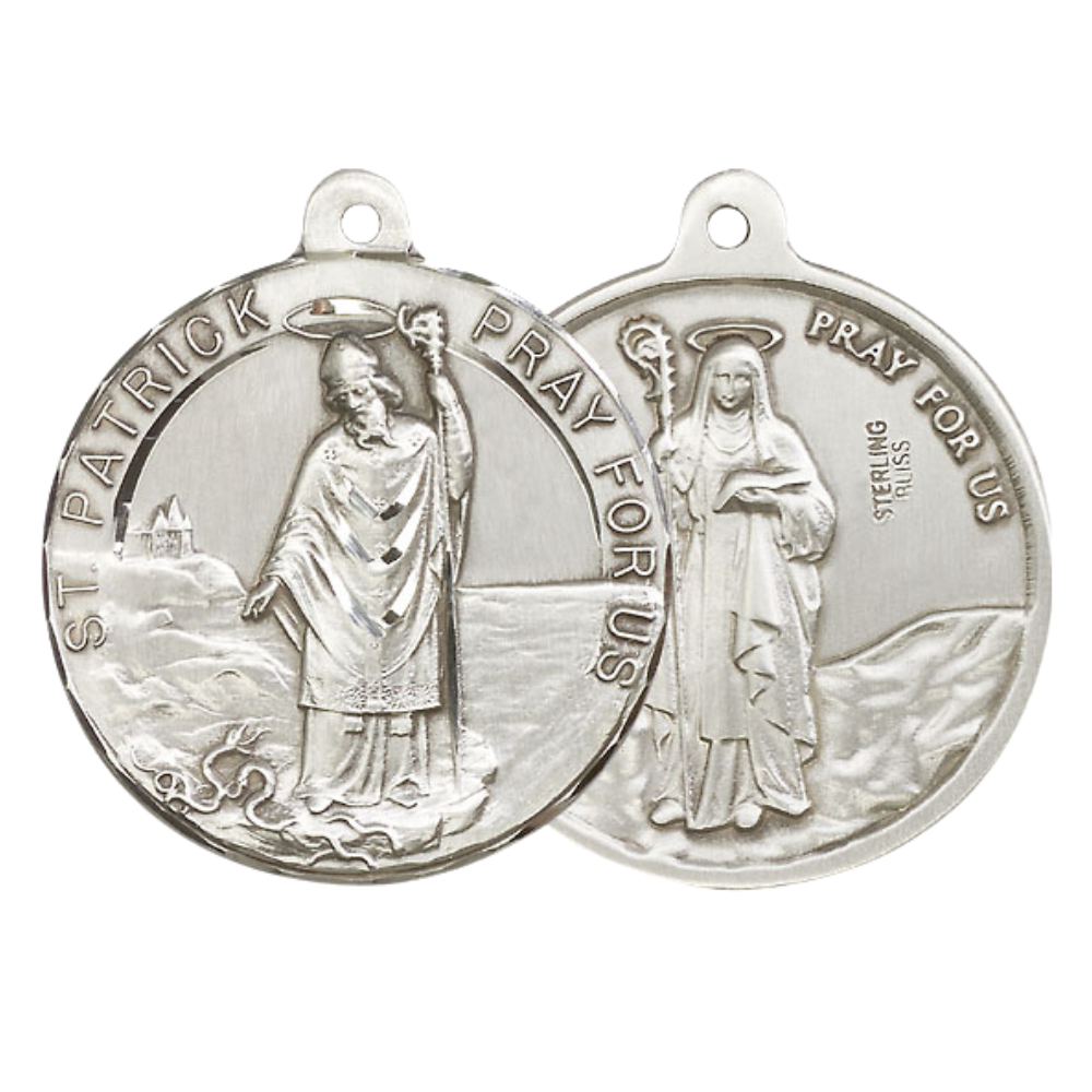 .925 Sterling Silver Saint St. Patrick/Saint St. Bridget Medal Pendant on 24 Inch Endless Rhodium Plated Heavy Curb Chain - Catholic Religious Necklace Made in USA, Deluxe Velvet Gift Box