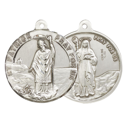 .925 Sterling Silver Saint St. Patrick/Saint St. Bridget Medal Pendant on 24 Inch Endless Rhodium Plated Heavy Curb Chain - Catholic Religious Necklace Made in USA, Deluxe Velvet Gift Box