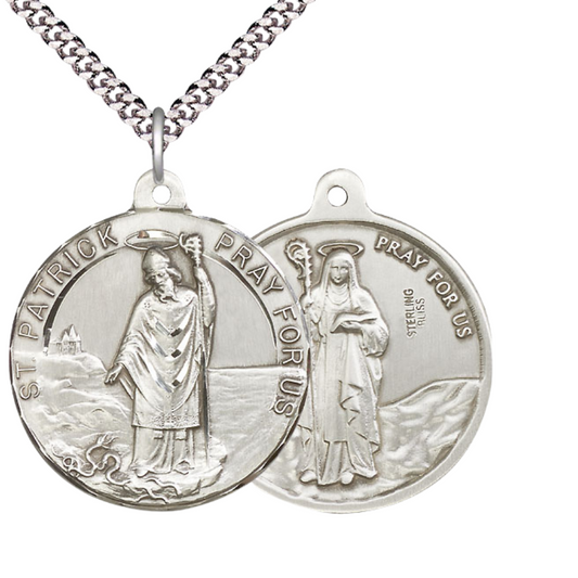 .925 Sterling Silver Saint St. Patrick/Saint St. Bridget Medal Pendant on 24 Inch Endless Rhodium Plated Heavy Curb Chain - Catholic Religious Necklace Made in USA, Deluxe Velvet Gift Box