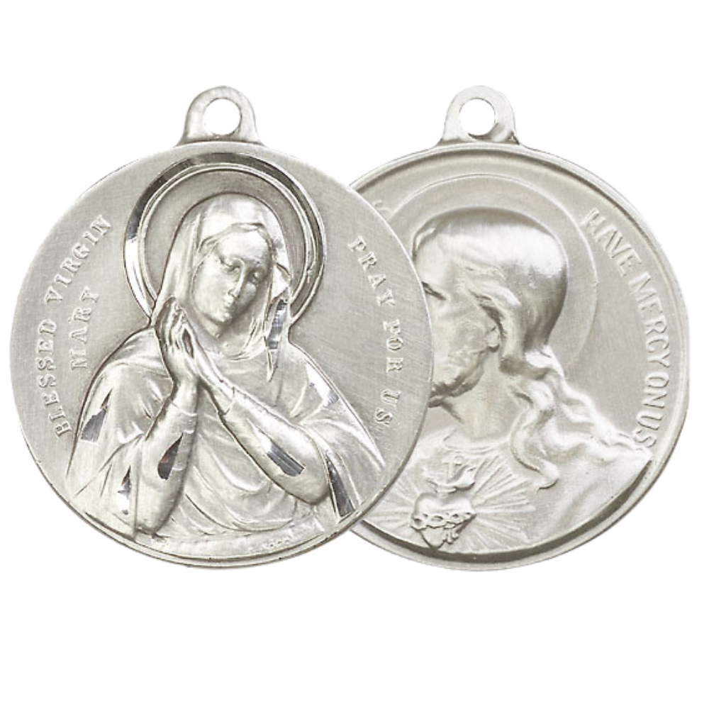 .925 Sterling Silver Blessed Virgin Sacred Heart of Jesus Medal Pendant on 24 Inch Endless Rhodium Plated Heavy Curb Brass Chain, Catholic Religious Necklace - Made in USA- Velvet Gift Box