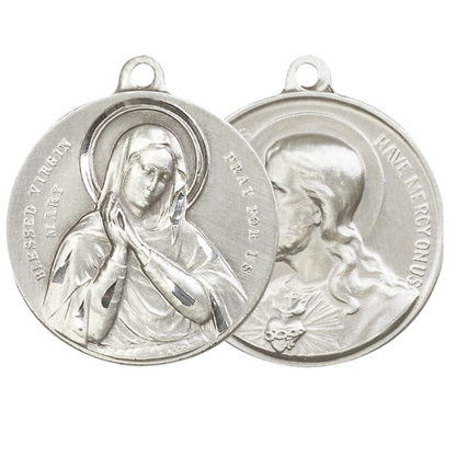 .925 Sterling Silver Blessed Virgin Sacred Heart of Jesus Medal Pendant on 24 Inch Endless Rhodium Plated Heavy Curb Brass Chain, Catholic Religious Necklace - Made in USA- Velvet Gift Box