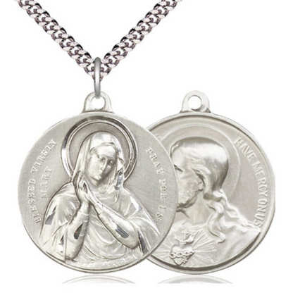 .925 Sterling Silver Blessed Virgin Sacred Heart of Jesus Medal Pendant on 24 Inch Endless Rhodium Plated Heavy Curb Brass Chain, Catholic Religious Necklace - Made in USA- Velvet Gift Box