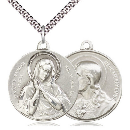 .925 Sterling Silver Blessed Virgin Sacred Heart of Jesus Medal Pendant on 24 Inch Endless Rhodium Plated Heavy Curb Brass Chain, Catholic Religious Necklace - Made in USA- Velvet Gift Box