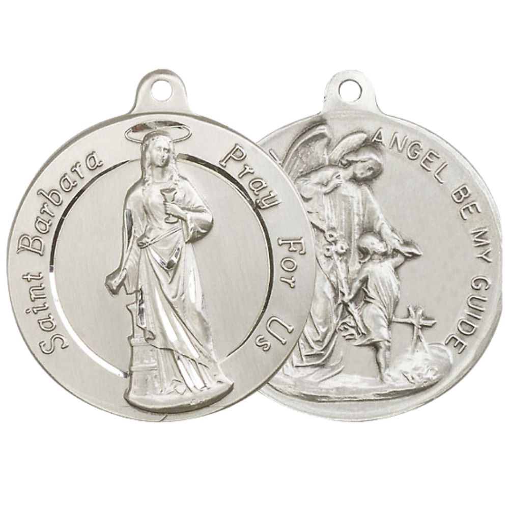 .925 Sterling Silver Saint St. Barbara/Guardian Angel Medal Pendant on 24 Inch Endless Rhodium Plated Heavy Curb Chain - Catholic Religious Necklace Made in USA, Deluxe Velvet Gift Box