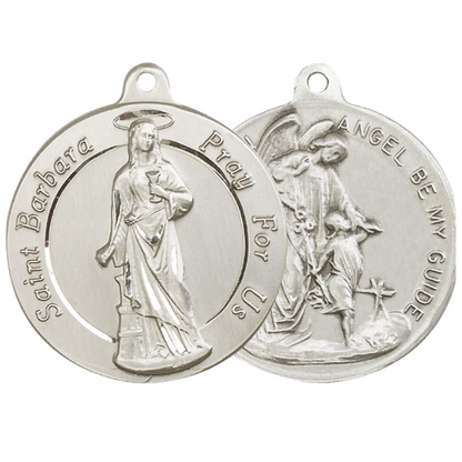 .925 Sterling Silver Saint St. Barbara/Guardian Angel Medal Pendant on 24 Inch Endless Rhodium Plated Heavy Curb Chain - Catholic Religious Necklace Made in USA, Deluxe Velvet Gift Box