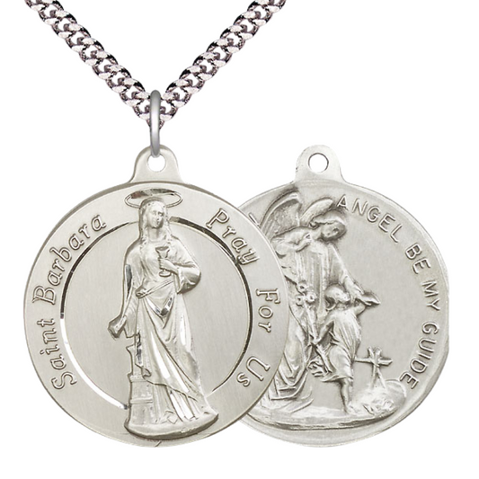 .925 Sterling Silver Saint St. Barbara/Guardian Angel Medal Pendant on 24 Inch Endless Rhodium Plated Heavy Curb Chain - Catholic Religious Necklace Made in USA, Deluxe Velvet Gift Box