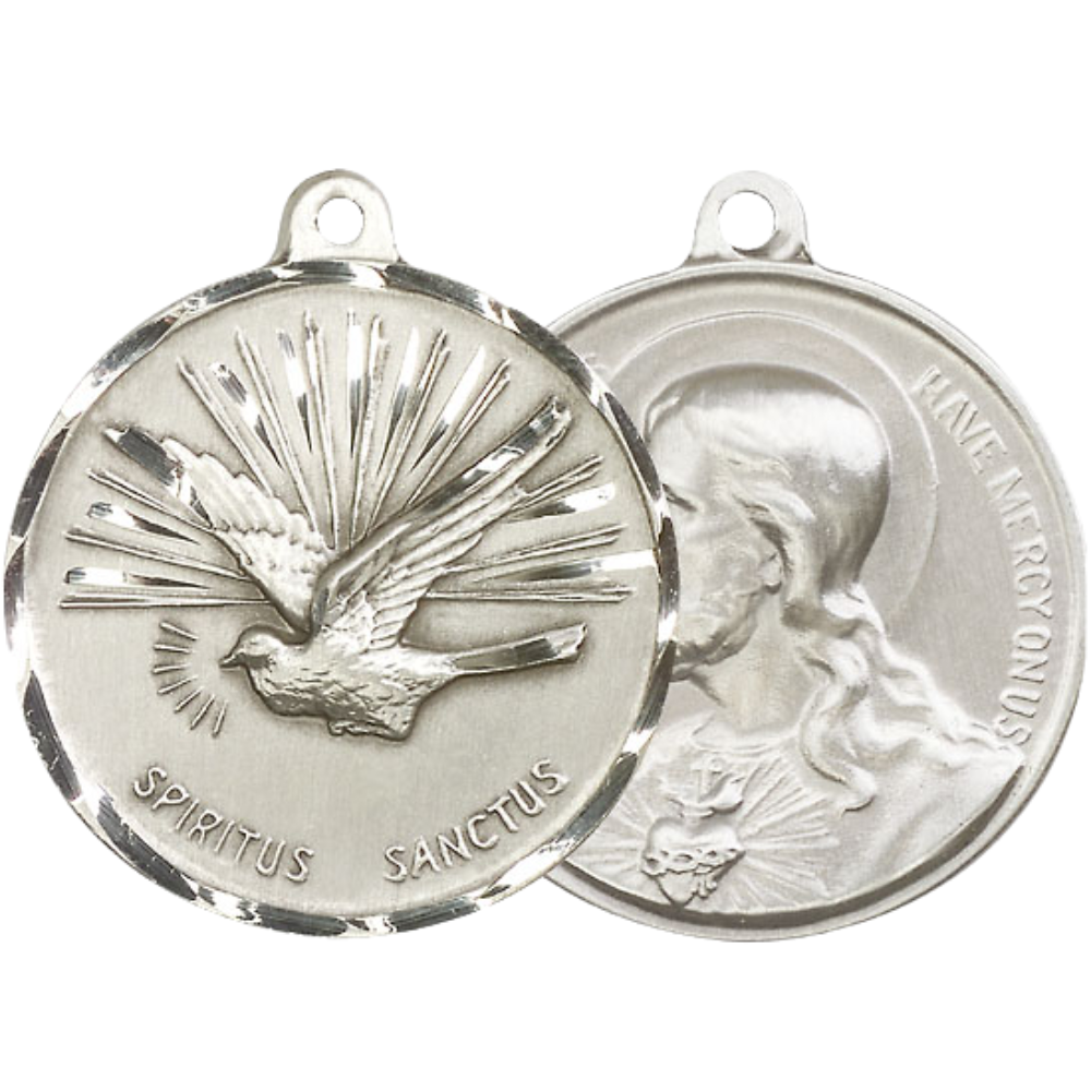 .925 Sterling Silver Holy Spirit/Sacred Heart of Jesus Medal Pendant on 24 Inch Endless Rhodium Plated Heavy Curb Chain - Catholic Religious Necklace Made in USA, Deluxe Velvet Gift Box