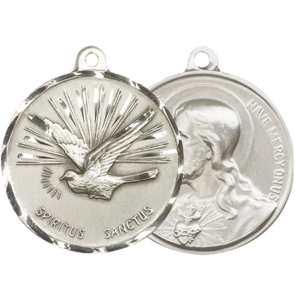 .925 Sterling Silver Holy Spirit/Sacred Heart of Jesus Medal Pendant on 24 Inch Endless Rhodium Plated Heavy Curb Chain - Catholic Religious Necklace Made in USA, Deluxe Velvet Gift Box