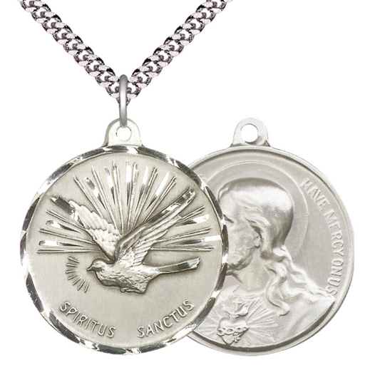 .925 Sterling Silver Holy Spirit/Sacred Heart of Jesus Medal Pendant on 24 Inch Endless Rhodium Plated Heavy Curb Chain - Catholic Religious Necklace Made in USA, Deluxe Velvet Gift Box