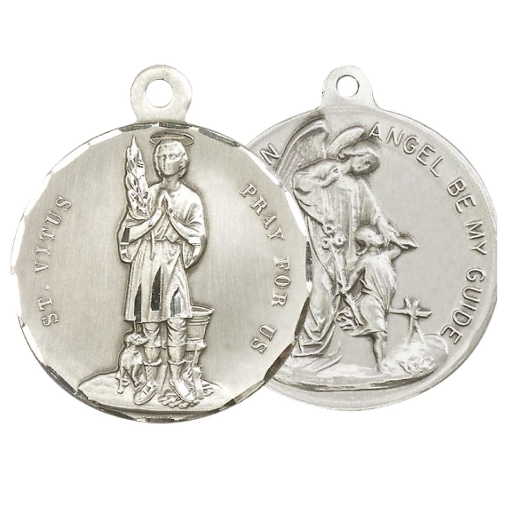 .925 Sterling Silver Saint St. Vitus/Guardian Angel Medal Pendant on 24 Inch Endless Rhodium Plated Heavy Curb Chain - Catholic Religious Necklace Made in USA, Deluxe Velvet Gift Box