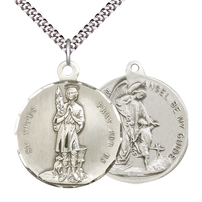 .925 Sterling Silver Saint St. Vitus/Guardian Angel Medal Pendant on 24 Inch Endless Rhodium Plated Heavy Curb Chain - Catholic Religious Necklace Made in USA, Deluxe Velvet Gift Box