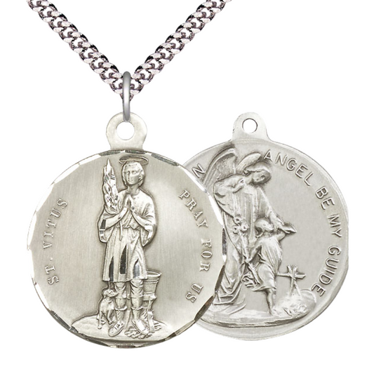 .925 Sterling Silver Saint St. Vitus/Guardian Angel Medal Pendant on 24 Inch Endless Rhodium Plated Heavy Curb Chain - Catholic Religious Necklace Made in USA, Deluxe Velvet Gift Box