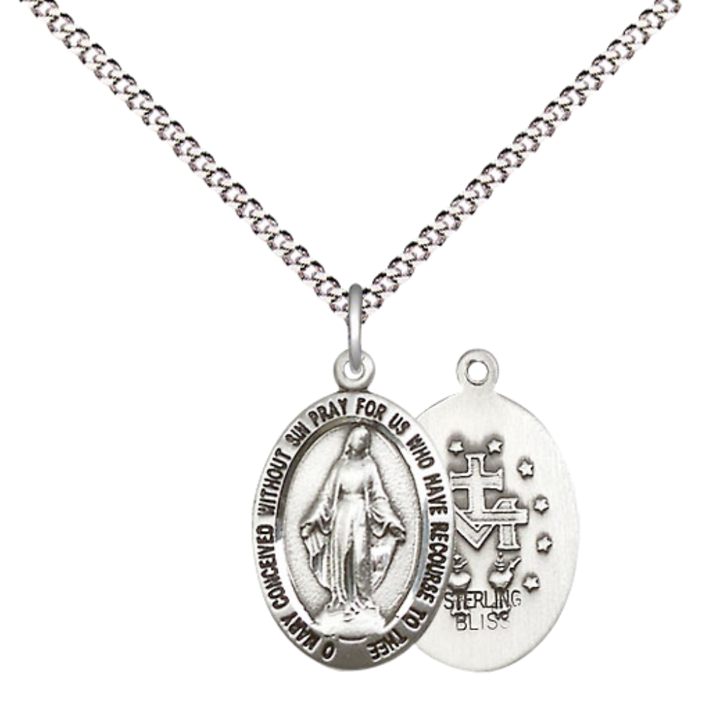 Everlasting Light Jewelry Pewter Miraculous Medal Pendant on 18 Inch Rhodium Plated Lite Curb Brass Chain - Catholic Religious Necklace Made in USA, Deluxe Velvet Gift Box Included