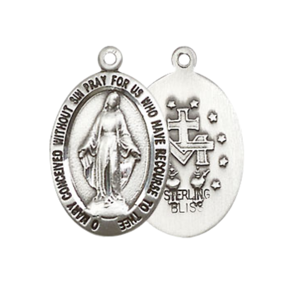 Everlasting Light Jewelry Pewter Miraculous Medal Pendant on 18 Inch Rhodium Plated Lite Curb Brass Chain - Catholic Religious Necklace Made in USA, Deluxe Velvet Gift Box Included