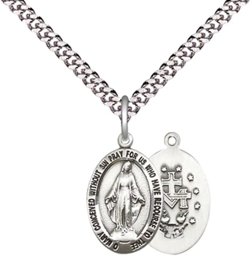 Everlasting Light Jewelry Mens Medium Oval Pewter Miraculous 3985-3/4 x 3/8 on 24 inch Rhodium Plated Heavy Curb Brass Chain with Lobster Claw Clasp, Catholic Religious Necklace- USA Made Gift Boxed