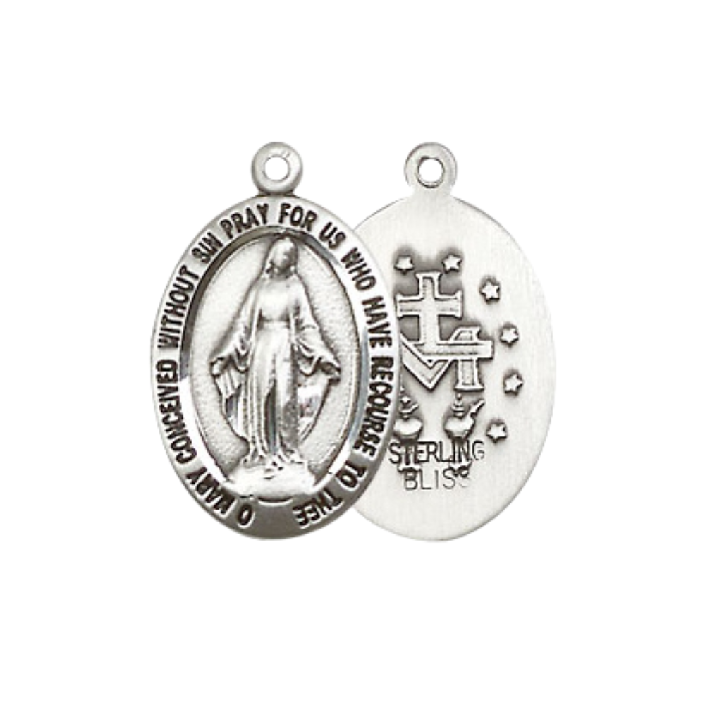 Everlasting Light Jewelry Mens Medium Oval Pewter Miraculous 3985-3/4 x 3/8 on 24 inch Rhodium Plated Heavy Curb Brass Chain with Lobster Claw Clasp, Catholic Religious Necklace- USA Made Gift Boxed