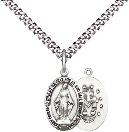 Everlasting Light Jewelry Pewter Miraculous Medal Pendant on 24 Inch Endless Rhodium Plated Heavy Curb Chain - Catholic Religious Necklace Made in USA, Deluxe Velvet Gift Box
