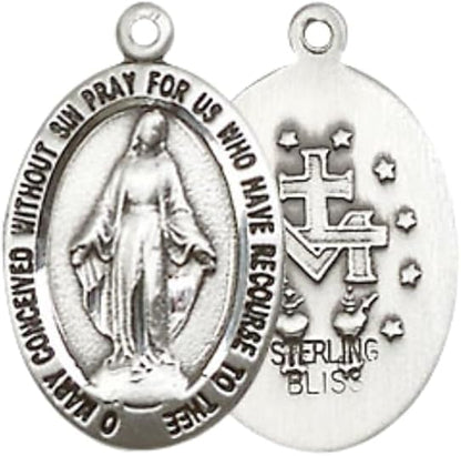 Mens Medium Oval .925 Sterling Silver Miraculous 3985 - 3/4 x 3/8 on 24 inch Rhodium Plated Heavy Curb Brass Chain with Lobster Claw Clasp, Catholic Religious Necklace- USA Made Gift Boxed