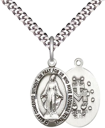 Mens Medium Oval .925 Sterling Silver Miraculous 3985 - 3/4 x 3/8 on 24 inch Rhodium Plated Heavy Curb Brass Chain with Lobster Claw Clasp, Catholic Religious Necklace- USA Made Gift Boxed