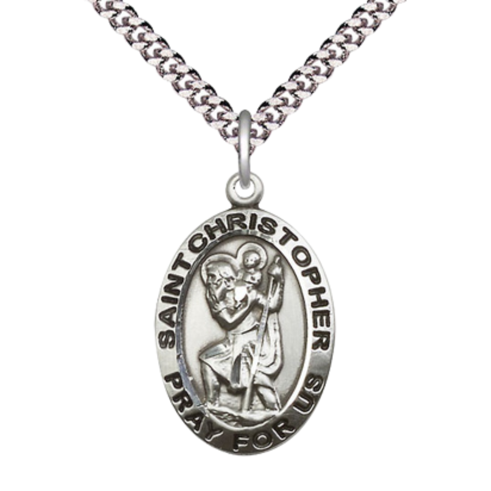 Sterling Silver Saint Christopher Medal – Patron Saint of Travelers & Motorists with 24” Light Rhodium Heavy Curb Chain