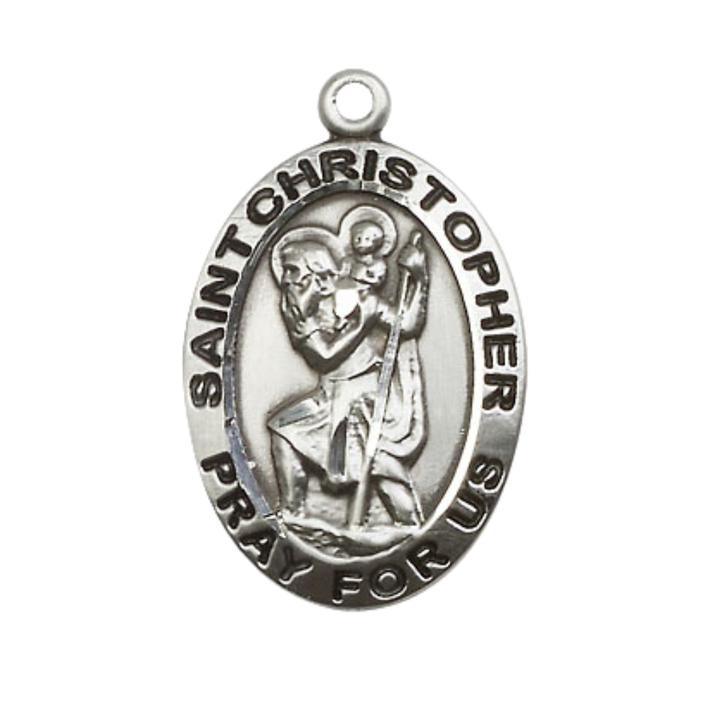 Sterling Silver Saint Christopher Medal – Patron Saint of Travelers & Motorists with 24” Light Rhodium Heavy Curb Chain