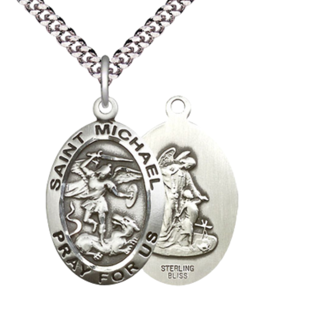 Sterling Silver Saint Michael the Archangel Medal – Patron Saint of Police Officers & EMTs with 24” Light Rhodium Heavy Curb Chain