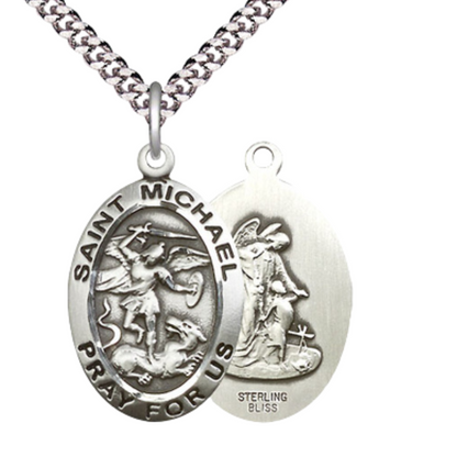 Sterling Silver Saint Michael the Archangel Medal – Patron Saint of Police Officers & EMTs with 24” Light Rhodium Heavy Curb Chain