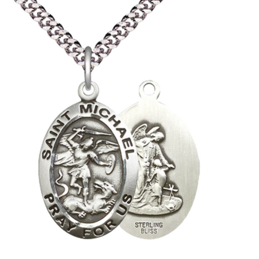 Sterling Silver Saint Michael the Archangel Medal – Patron Saint of Police Officers & EMTs with 24” Light Rhodium Heavy Curb Chain